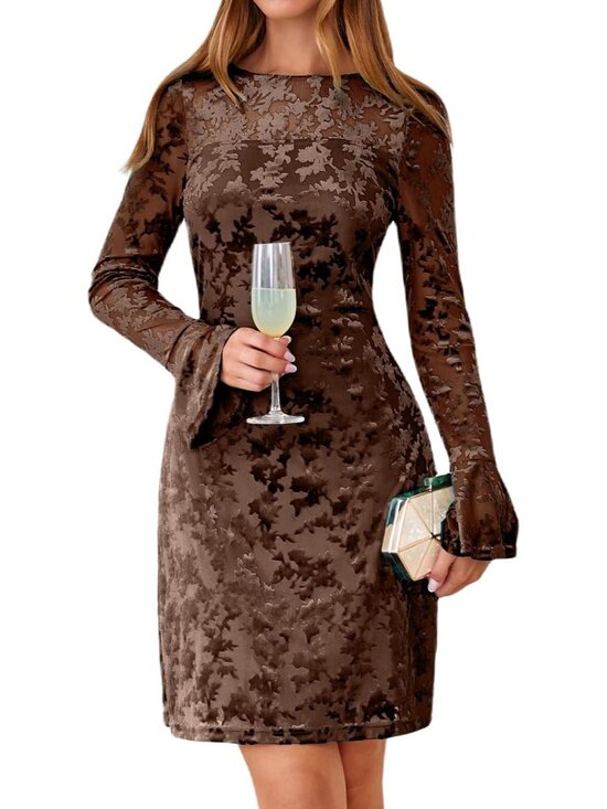 Dresses & Skirts - 〽️Women’s Coffee Velvet Floral Sheath Dress Flare Sleeve Cocktail Wedding Guest